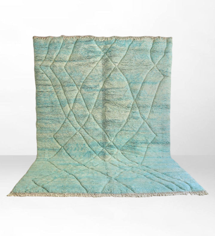 Charifa: Handwoven Aqua Green Geometric Beni Mrirt Moroccan Berber Wool Rug - Luxurious, Modern, Contemporary, Custom Shaggy Design