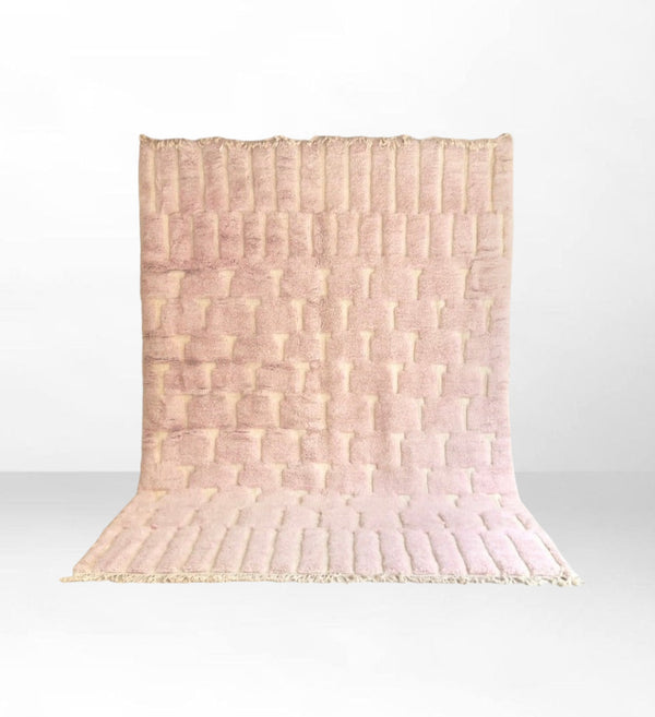 Wrida Whimsy: Custom Shaggy Geometric Checkered Baby Pink Modern Beni Mrirt Berber Wool Rug