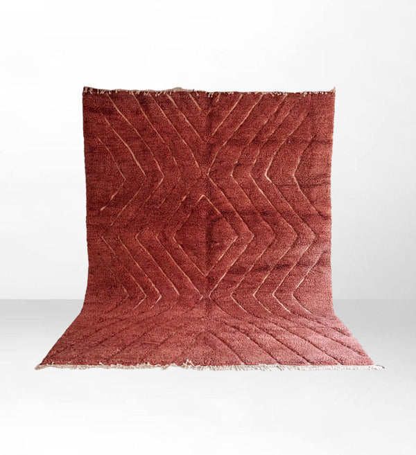 Hmira Opulence: Custom Shaggy Geometric Beni Mrirt Berber Wool Rug in Luxurious Burgundy