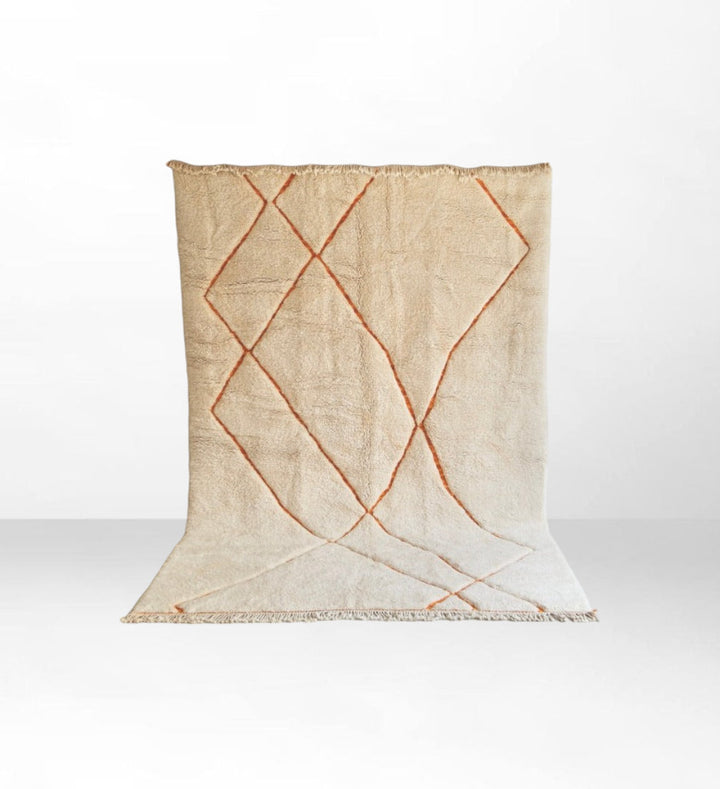 Bahija: Off-White Beni Mrirt Handwoven Wool Rug with Orange Geometric Pattern