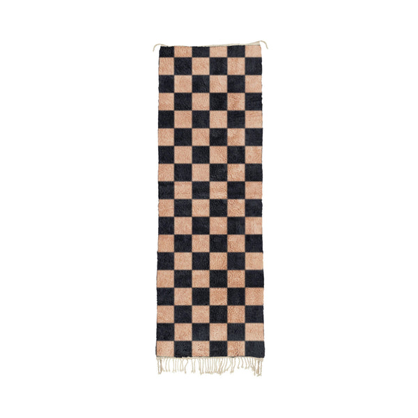 Aya - Black and Rose Blush Moroccan Checkered Mrirt Wool Runner Rug