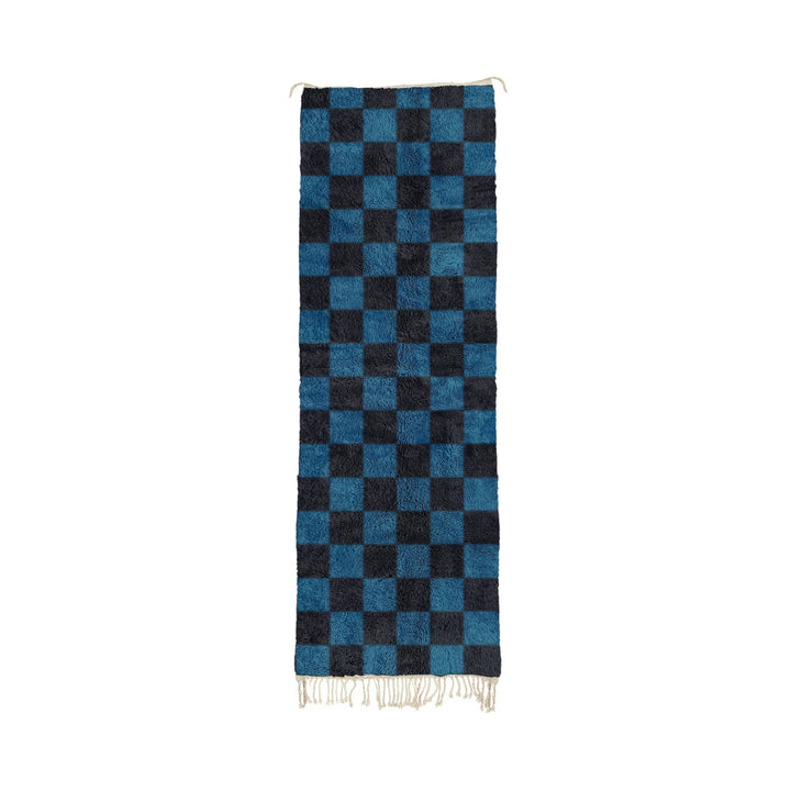 Bia - Black and Blue Moroccan Checkered Beni Mrirt Wool Runner Rug