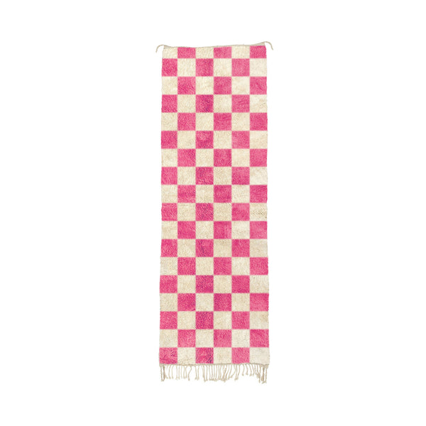 Bubly - Custom Bubblegum Pink Moroccan Checkered Mrirt Wool Runner Rug