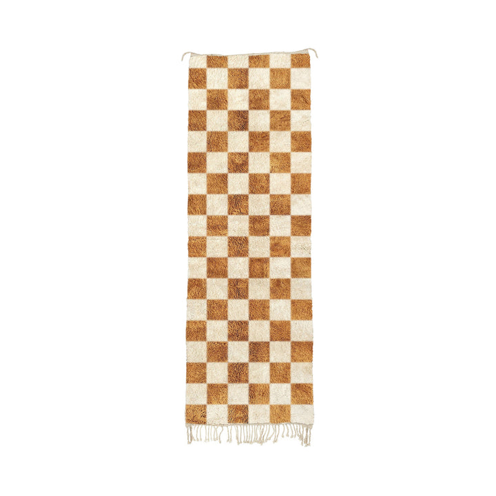 Dahab - Handmade Gold Brown Moroccan Checkered Mrirt Wool Runner Rug