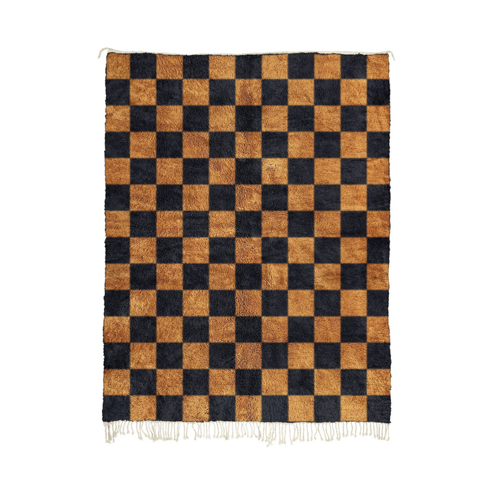 Dhiba - Handwoven Black and Gold Brown Moroccan Checkered Wool Rug