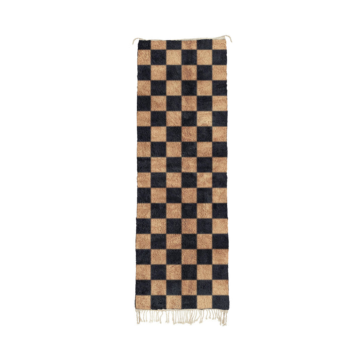 Ghita - Black and Beige Moroccan Checkered Mrirt Wool Runner Rug