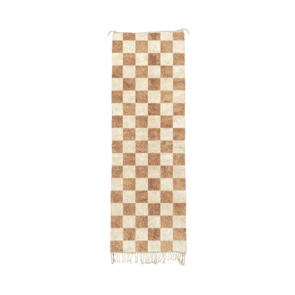 Hajb - Handmade Tan and White Moroccan Checkered Mrirt Wool Runner Rug