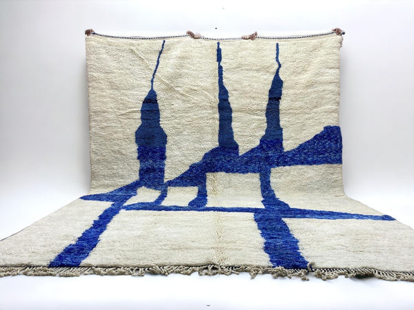 Handmade Moroccan Beni Mrirt Rug - Berber Contemporary Carpet Off White with Blue Motif