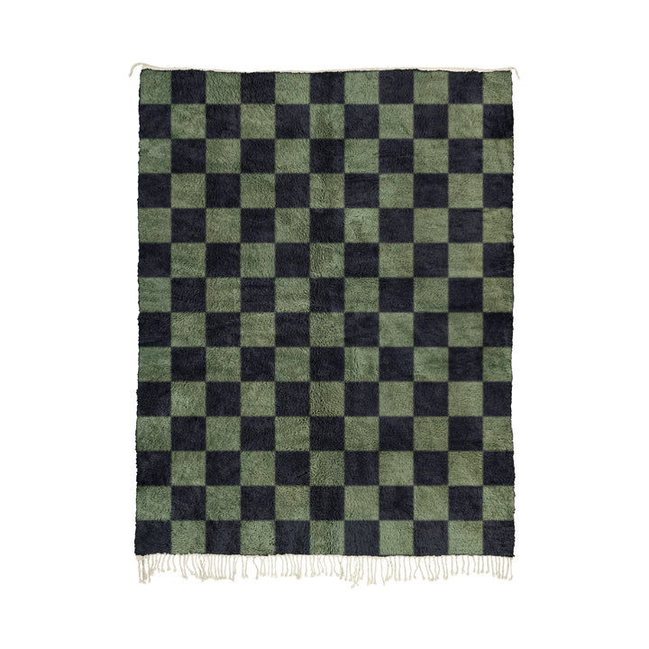 Khadrawi - Handwoven Black and Green Moroccan Checkered Mrirt Wool Rug.