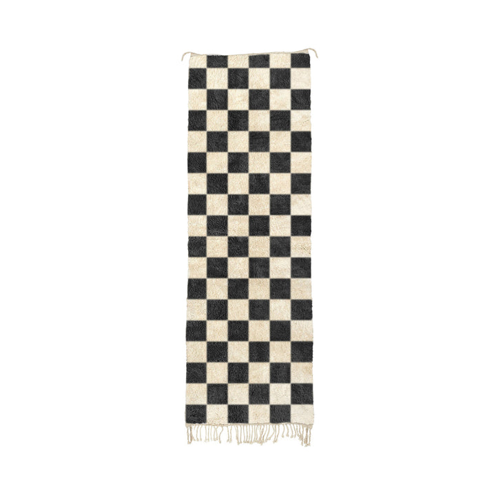 Khal - Black and White Moroccan Checkered Mrirt Wool Runner Rug