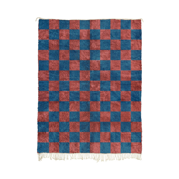 Maghrabi - Handwoven Red and Turquoise Moroccan Checkered Mrirt Rug