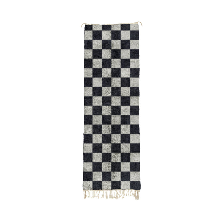 Nia - Black and Gray Moroccan Checkered Beni Mrirt Wool Runner Rug