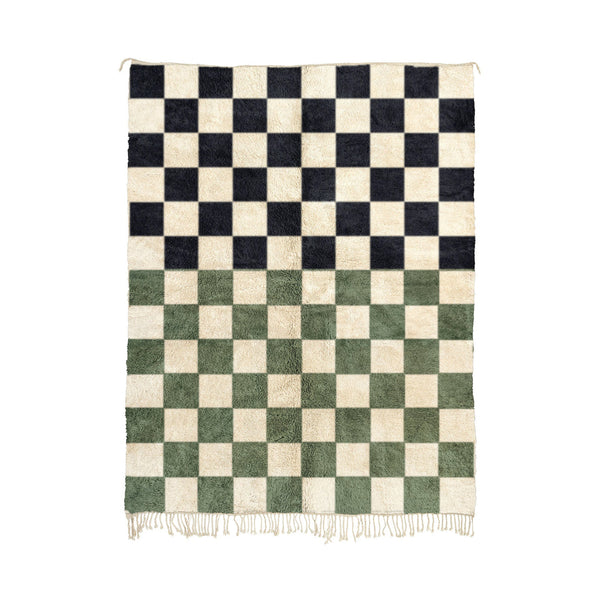 Rabiaa -  Luxurious Black and Green Moroccan Checkered Mrirt Wool Rug