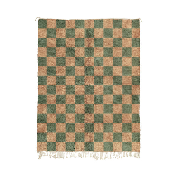 Tabiaa - Luxurious Green and Beige Moroccan Checkered Beni Mrirt Wool Rug