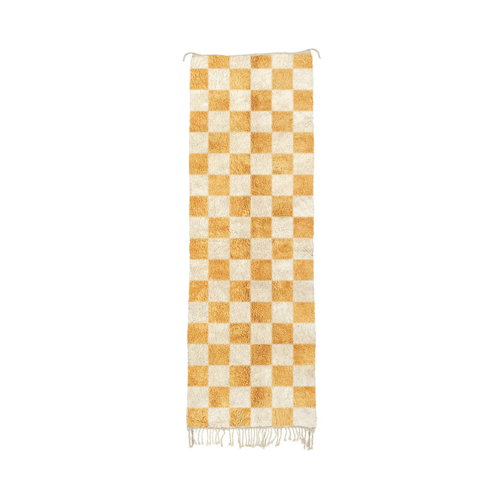 Taha - Handmade Mustard Moroccan Checkered Mrirt Wool Runner Rug