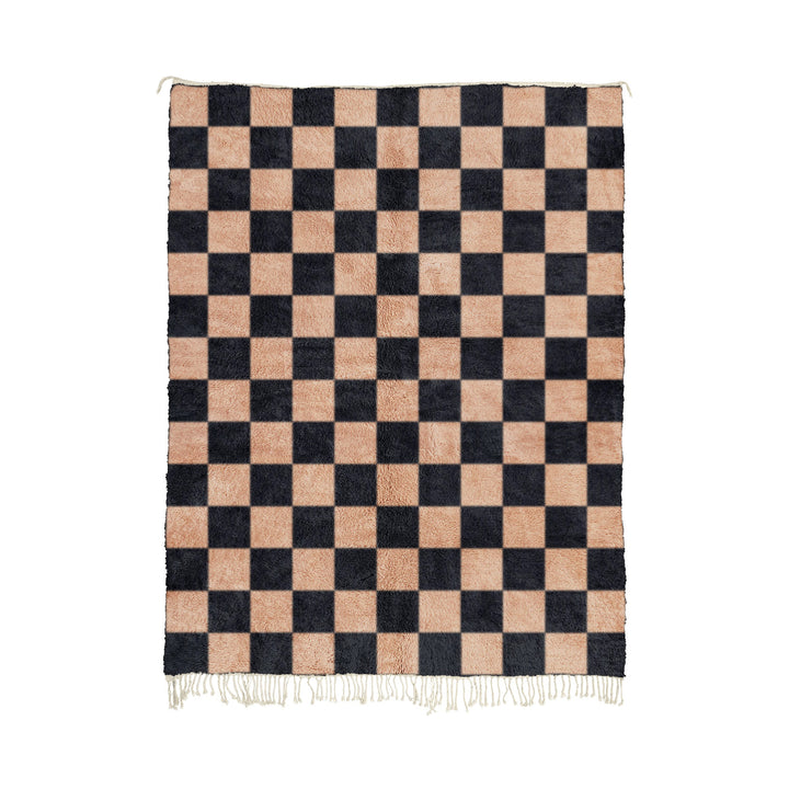 Wreda - Custom Cameo Pink and Black Moroccan Checkered Mrirt Wool Rug. Crafted by skilled artisans in the Atlas Mountains of Morocco, each rug embodies the rich heritage and timeless beauty of Moroccan craftsmanship.