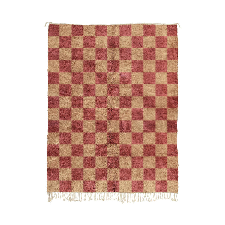 Yajoura - Handwoven Beige and Brick Red Moroccan Checkered Wool Rug