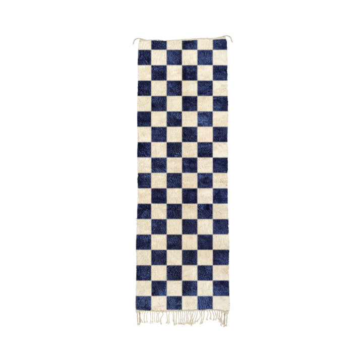 Custom Handmade Blue and White Moroccan Checkered Beni Mrirt Wool Runner