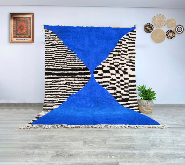 Blue and Black Moroccan Berber Wool Rug, handwoven Beni Ourain rug in 100% wool.