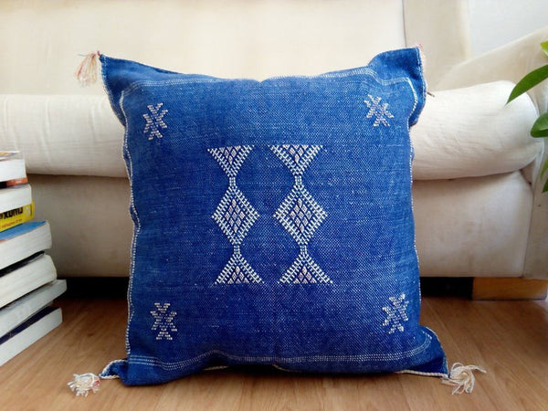 Blue Cactus silk pillow - Handmade Moroccan Sabra cushion