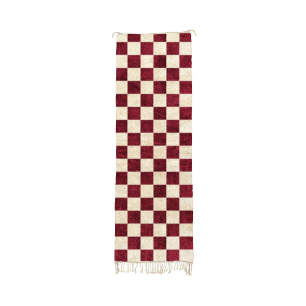 lwin - Handmade Crimson Moroccan Checkered Beni Mrirt Wool Runner Rug