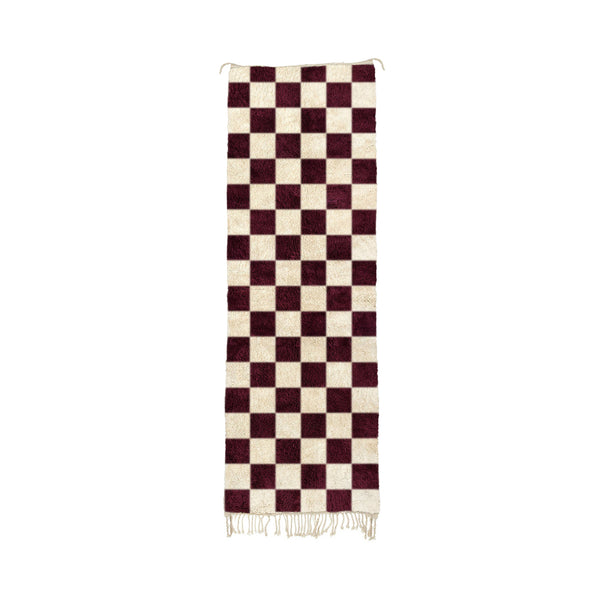 lwyn - Handmade Burgundy Moroccan Checkered Beni Mrirt Wool Runner Rug