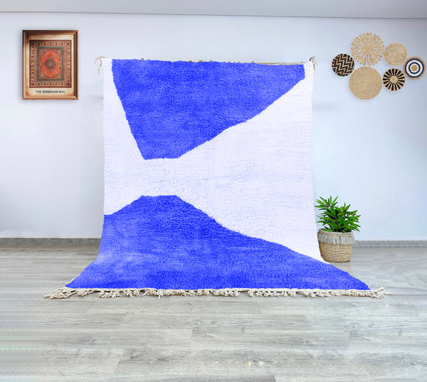 Saida Blue and White Moroccan Berber Wool Rug, handwoven Beni Ourain rug in 100% wool.