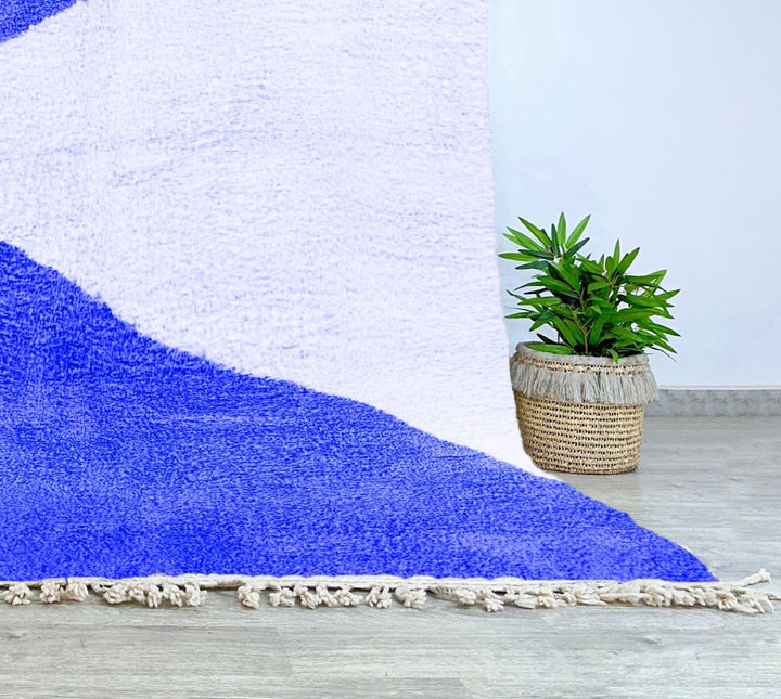 Saida Blue and White Moroccan Berber Wool Rug, handwoven Beni Ourain rug in 100% wool.